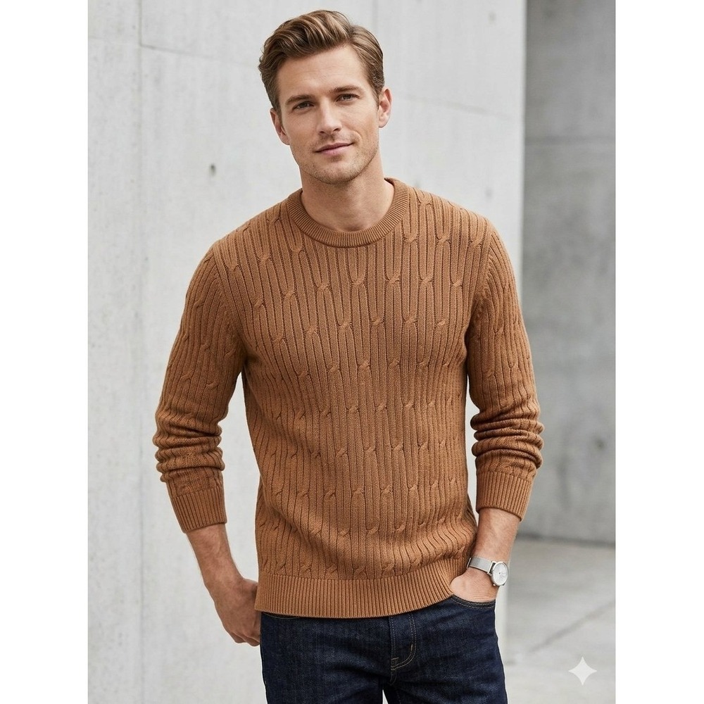Express Mens 100% Cotton Cable Knit Crew Neck Sweater Brown Cognac 5869